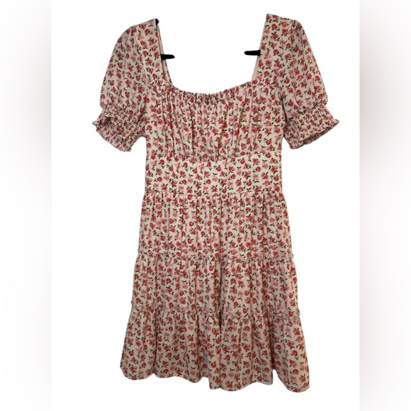 Trixxi pink and cream floral puff sleeve ruffled mini‎ dress, size L. - Picture 1 of 5